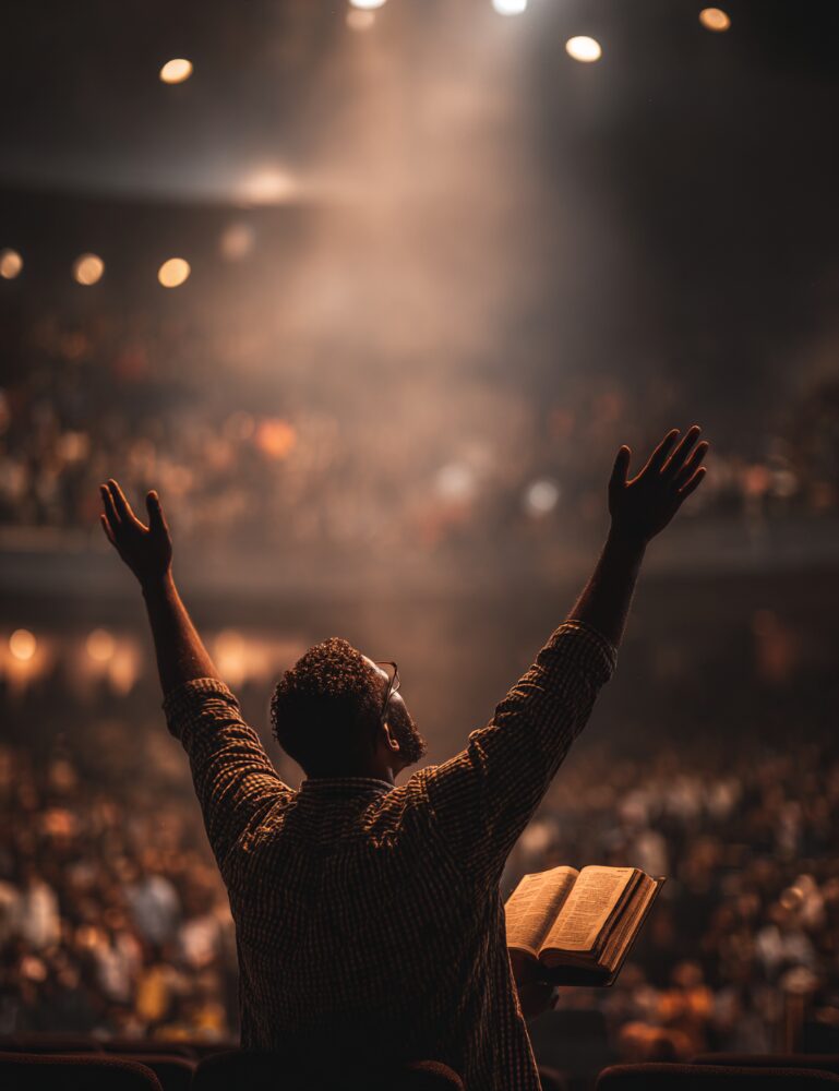 Man with raised hands holding a book in front of a crowd.